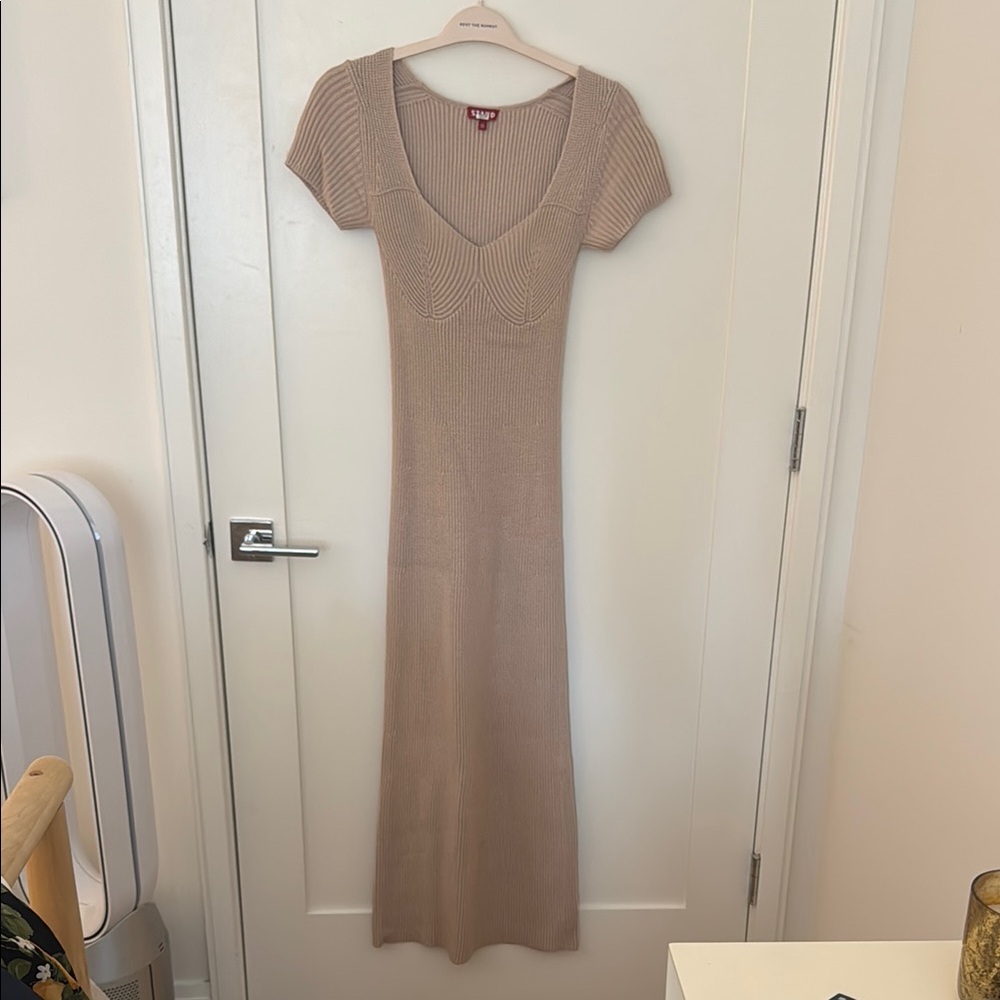 STAUD Carmen Tan Ribbed Knit Maxi Dress V-Neck